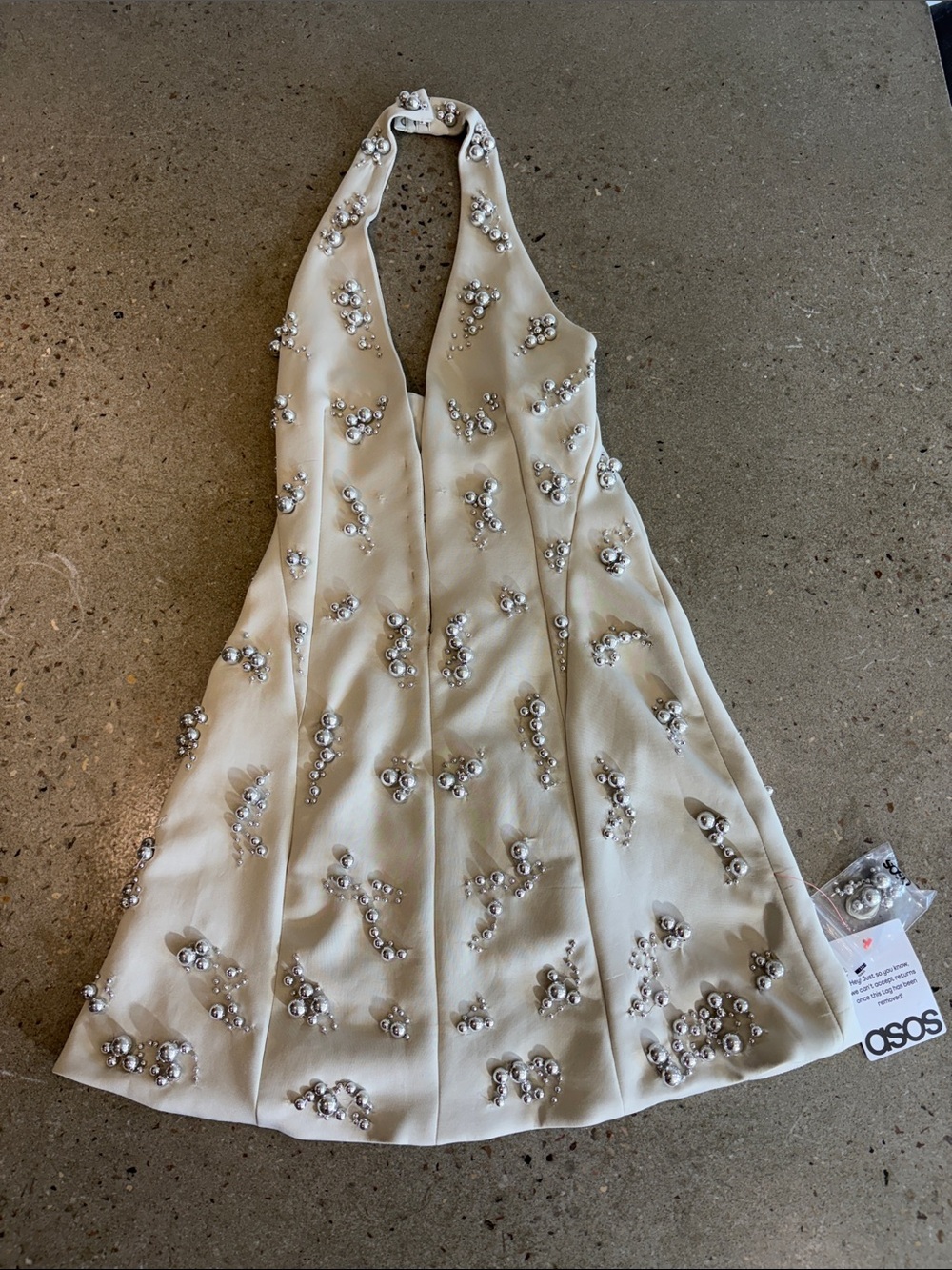 ASOS Cream Satin Silver Beaded Halter Mini Dress - Picture 1 of 6